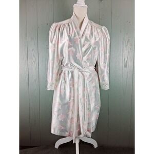 Vintage Floral Satin Robe Womens Medium White Pastel Polyester Lace Lightweight